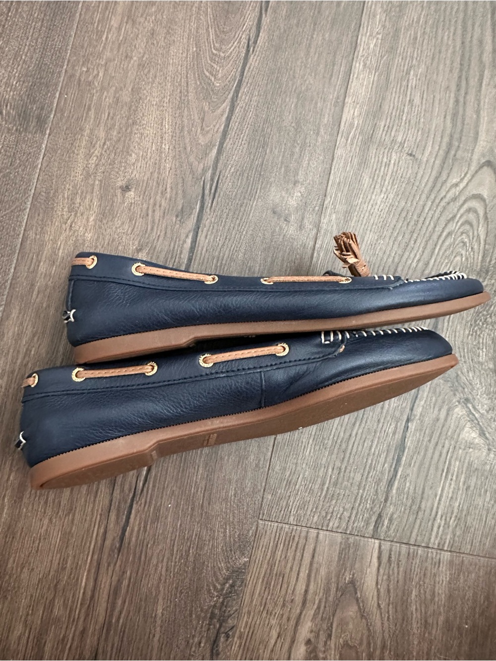 Sperry Navy Leather Tassel Moccasins with Tan Accents - Picture 3 of 8